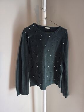 Zara Dark Teal Pearl-Embellished Knit Sweater